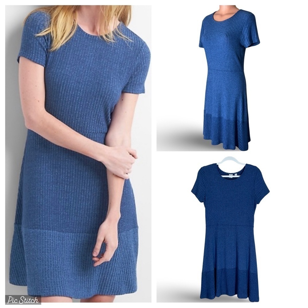 GAP Ribbed Knit Casual Fit & Flare Dress Women S Blue Minimalist Preppy Pullover - Picture 9 of 9